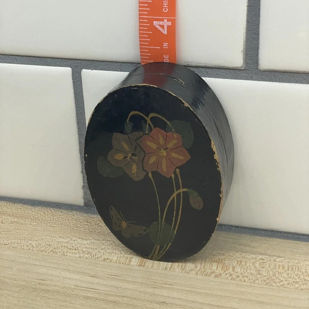 Vtg Trinket Box Paper Mache‎ Hand Painted Lacquered Butterfly Floral Oval Lid